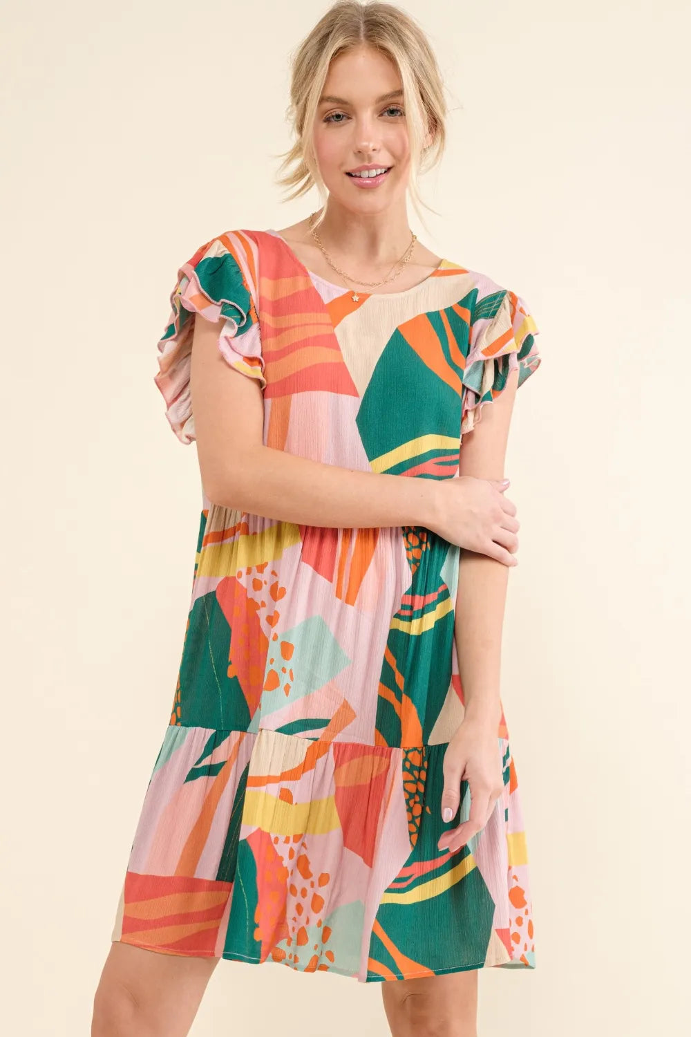 And The Why Printed Double Ruffle Sleeve Dress – Urban House Fashion
