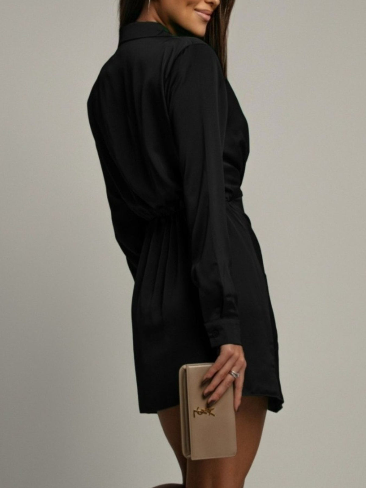 Collared Neck Long Sleeve Satin Dress – view 3
