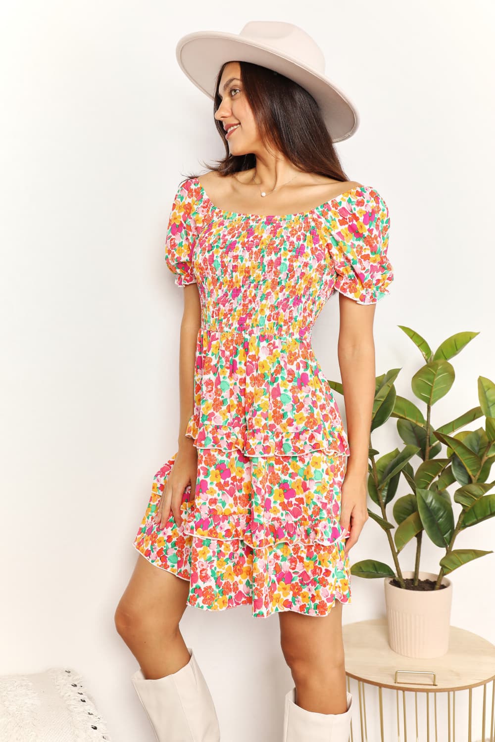 Devine Smocked Sweetheart Neck Flounce Sleeve Mini Dress – view 4