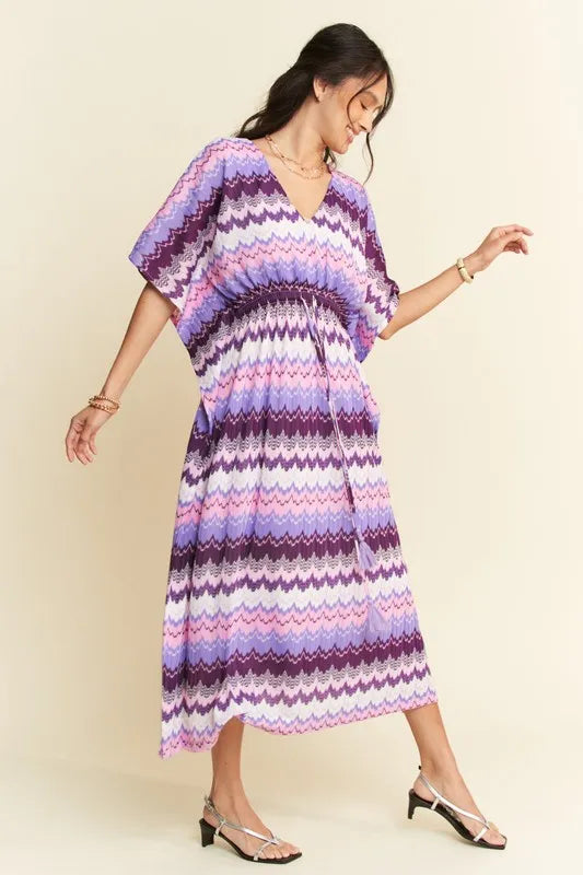 Davi & Dani Multi Color Wavy Tie Waist Flowy Sleeve Dress – view 3