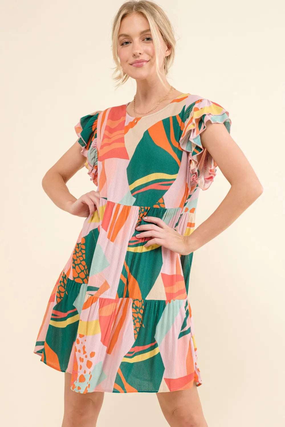 And The Why Printed Double Ruffle Sleeve Dress – view 3