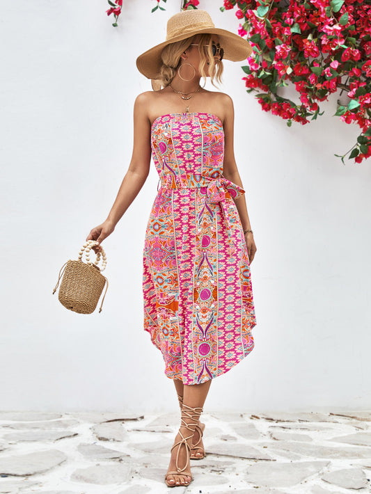 Printed Strapless Tie Belt Dress – Urban House Fashion