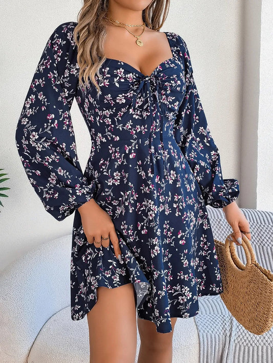 Printed Sweetheart Neck Balloon Sleeve Mini Dress – Urban House Fashion