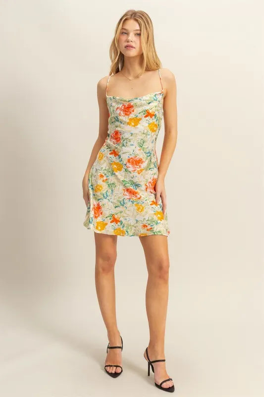 HYFVE Floral Cowl Neck Flirty Satin Mini Dress – view 4
