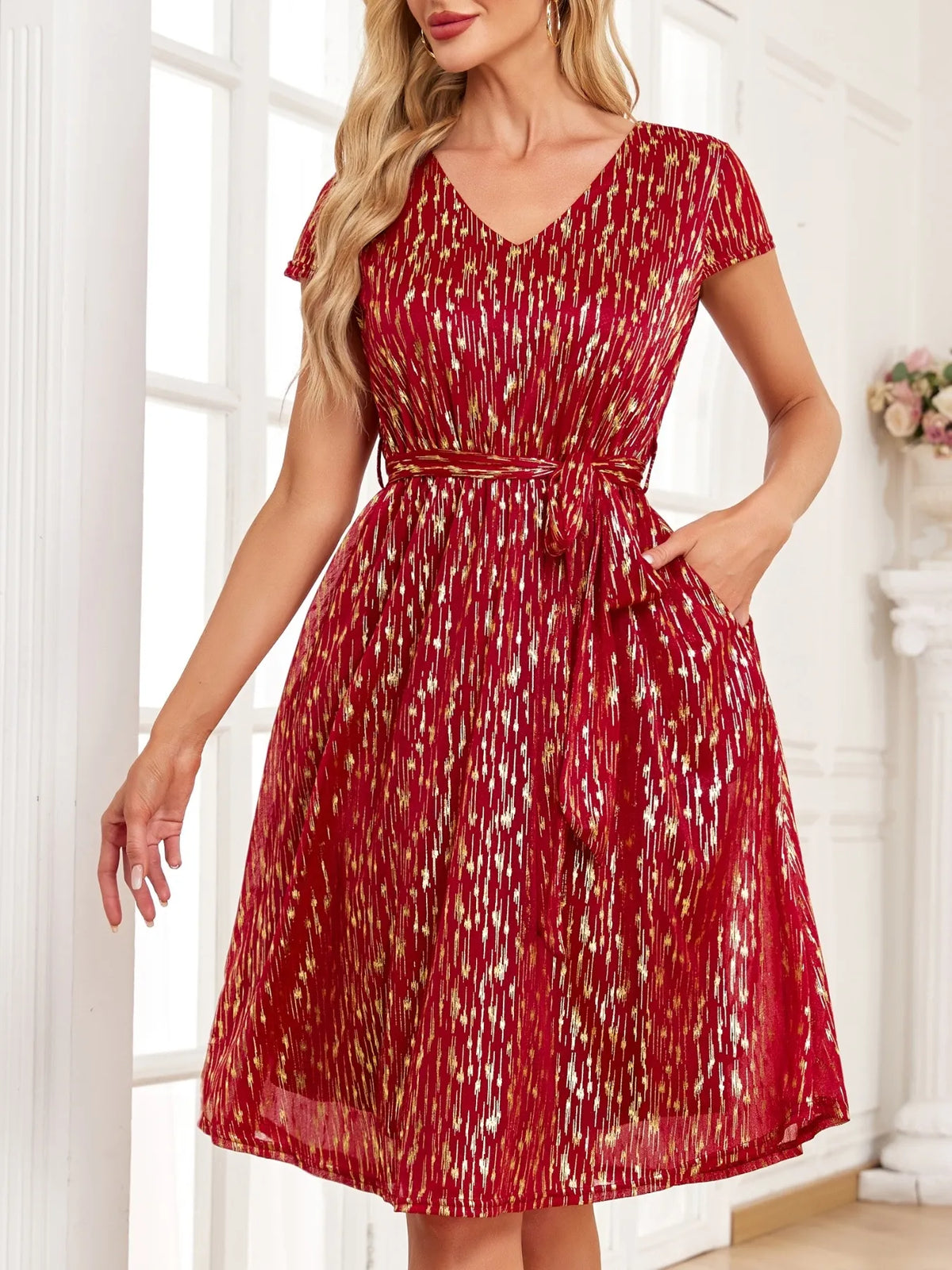 V-Neck Metallic Print Dress – Urban House Fashion