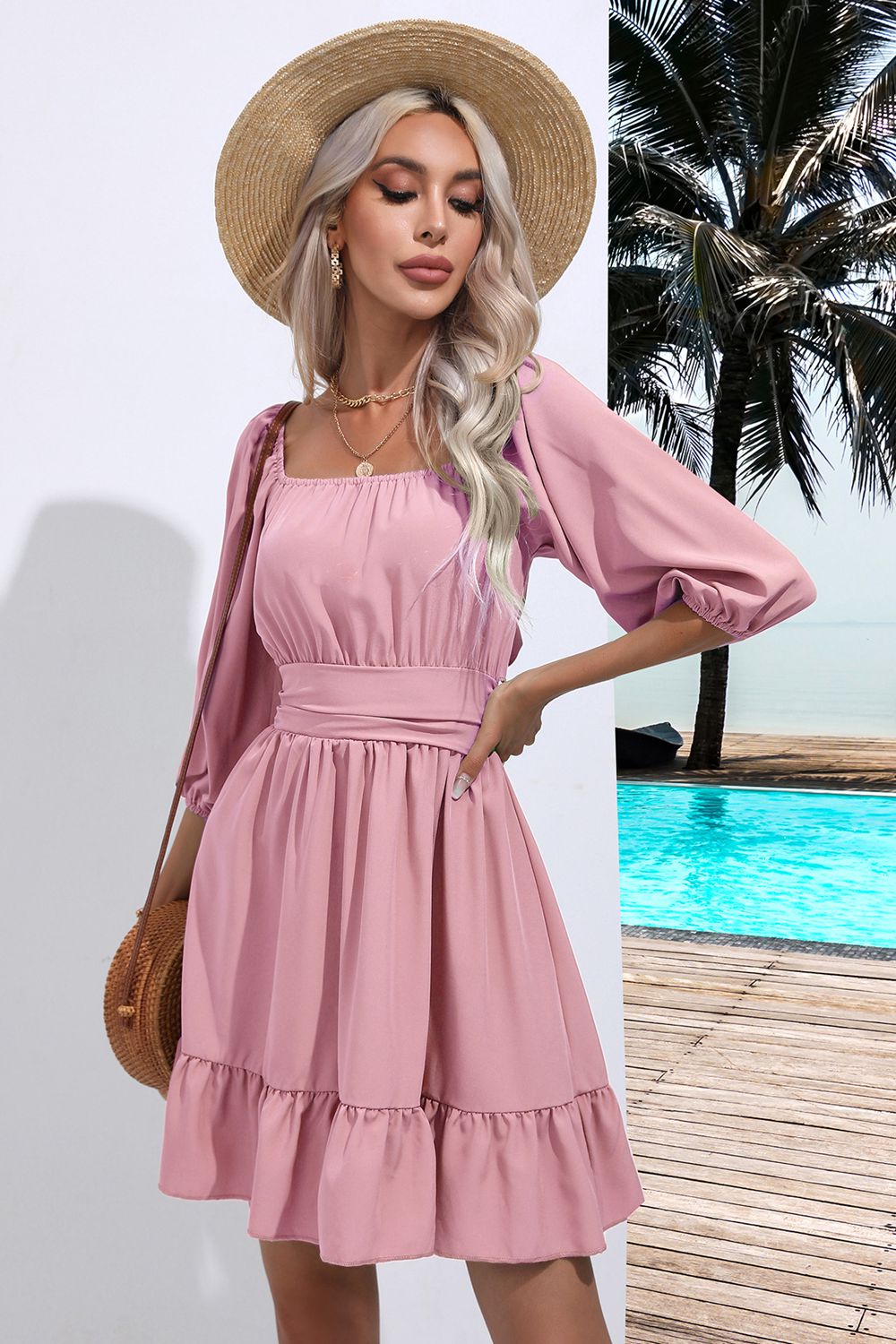 Square Neck Tie Back Ruffle Hem Dress – view 4