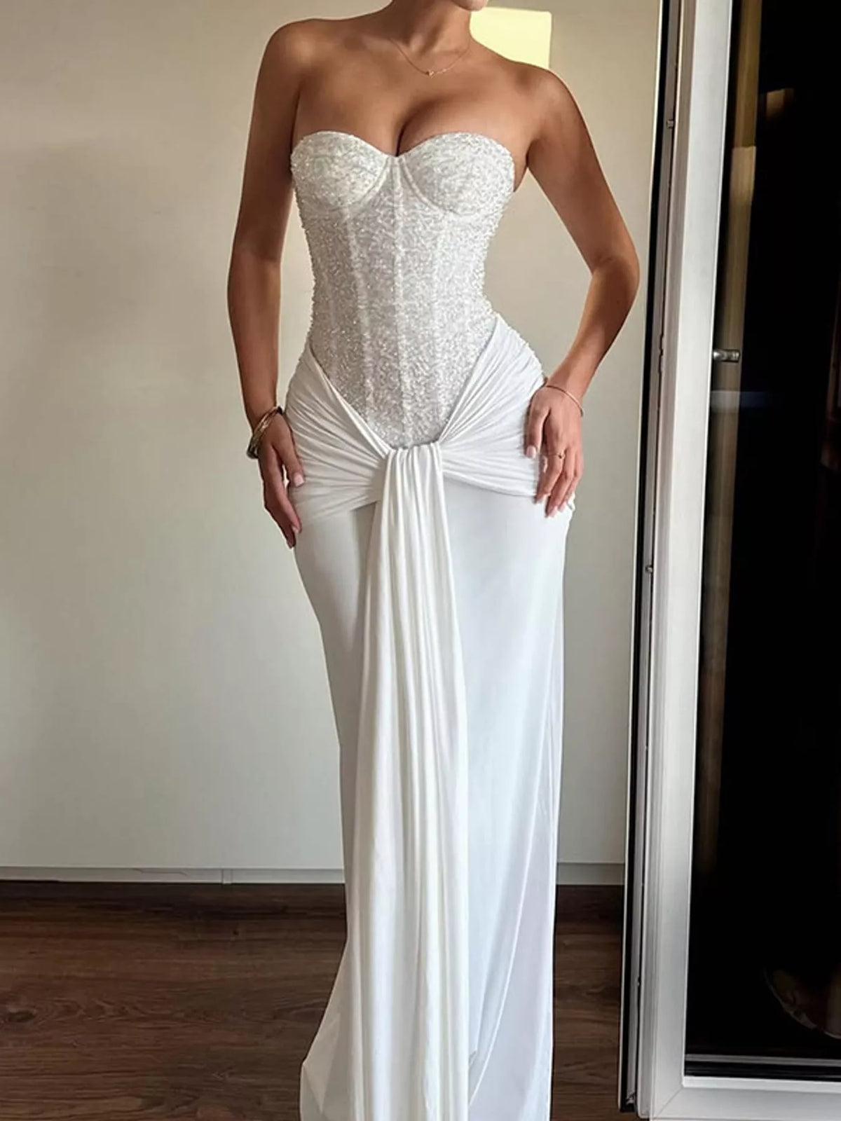 Elegant Strapless Sequin Corset Maxi Dress with Draped Waist Detail – Urban House Fashion