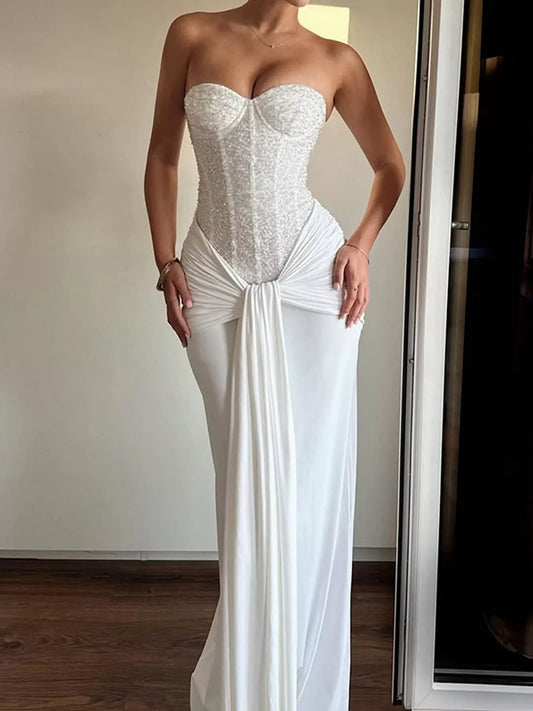 Elegant Strapless Sequin Corset Maxi Dress with Draped Waist Detail – Urban House Fashion