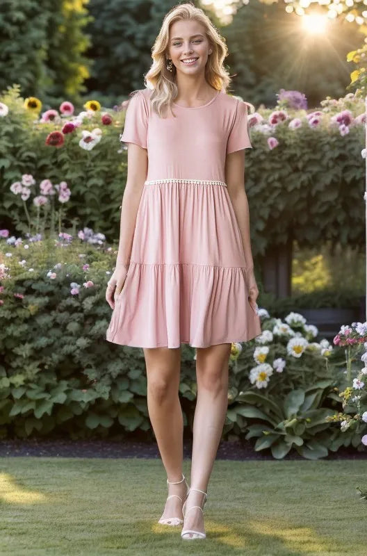 Heimish Solid Mini Tiered Dress with Pompom Lace – Urban House Fashion