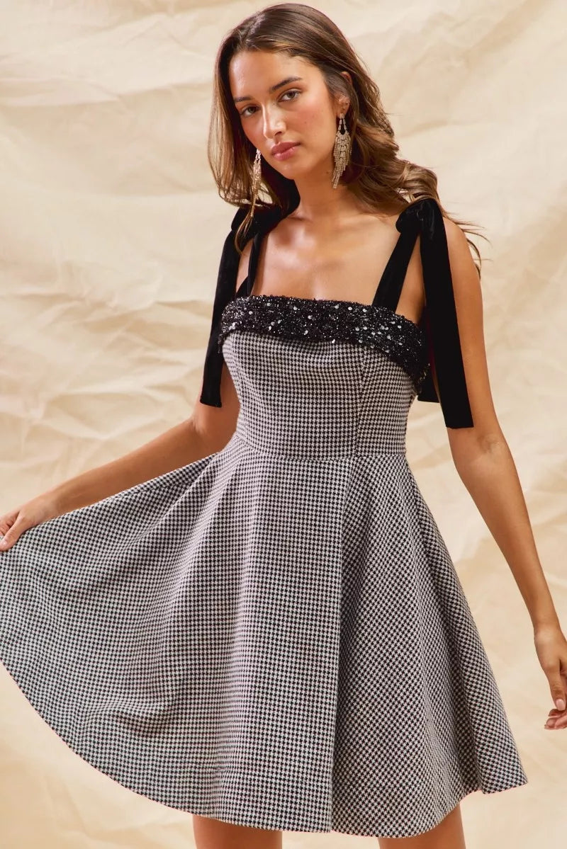 SO ME Houndstooth Fit Flare Mini Dress with Shoulder Tie – view 4