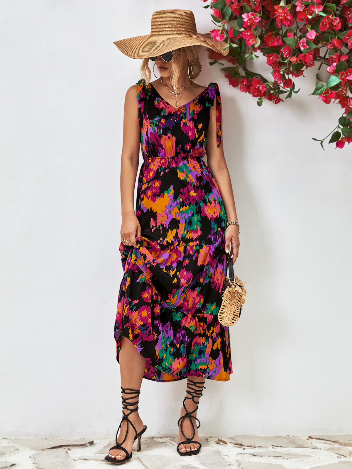 Multicolored V-Neck Backless Midi Dress – view 4