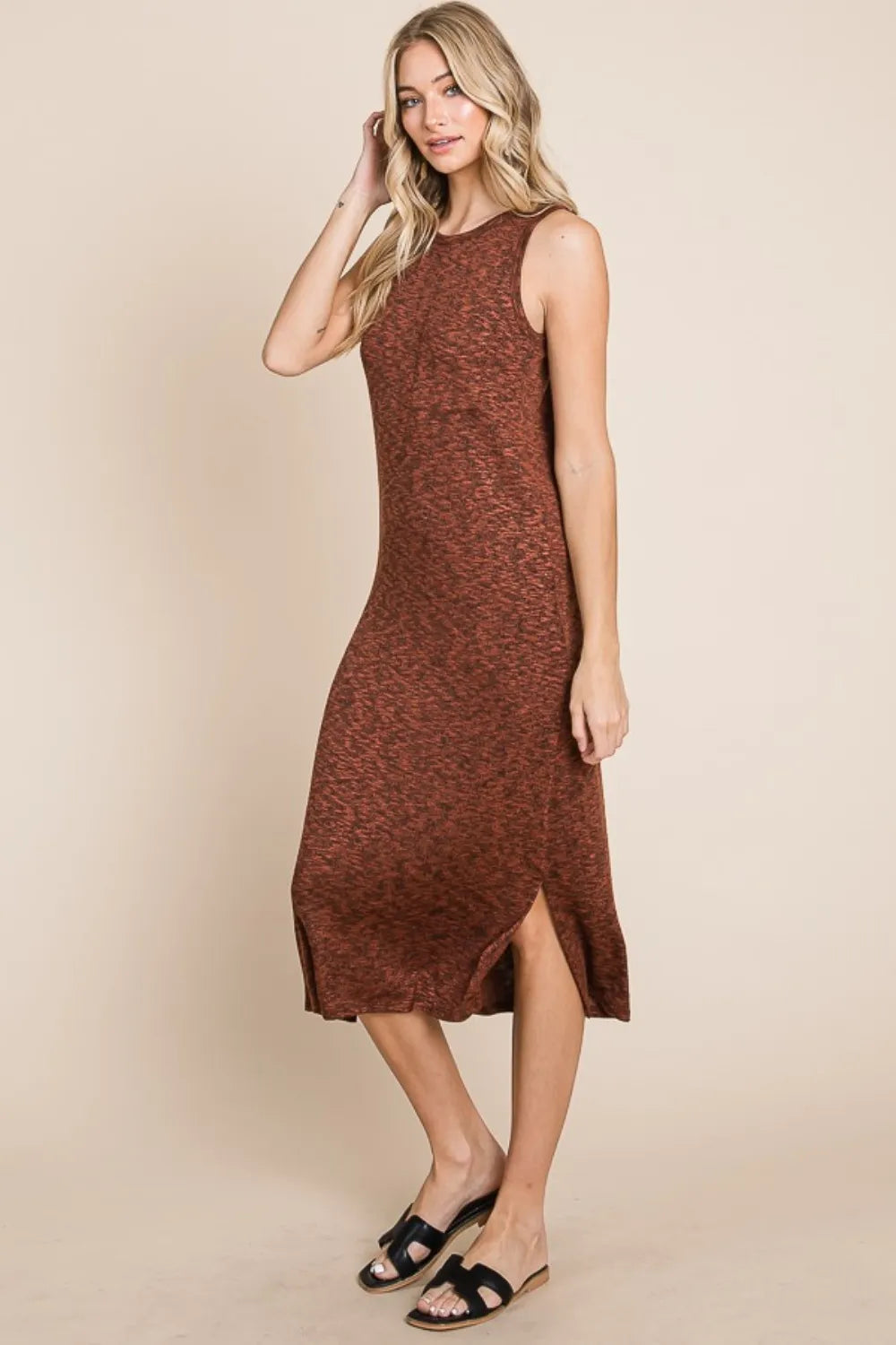 BOMBOM Slit Round Neck Sleeveless Midi Dress – view 4