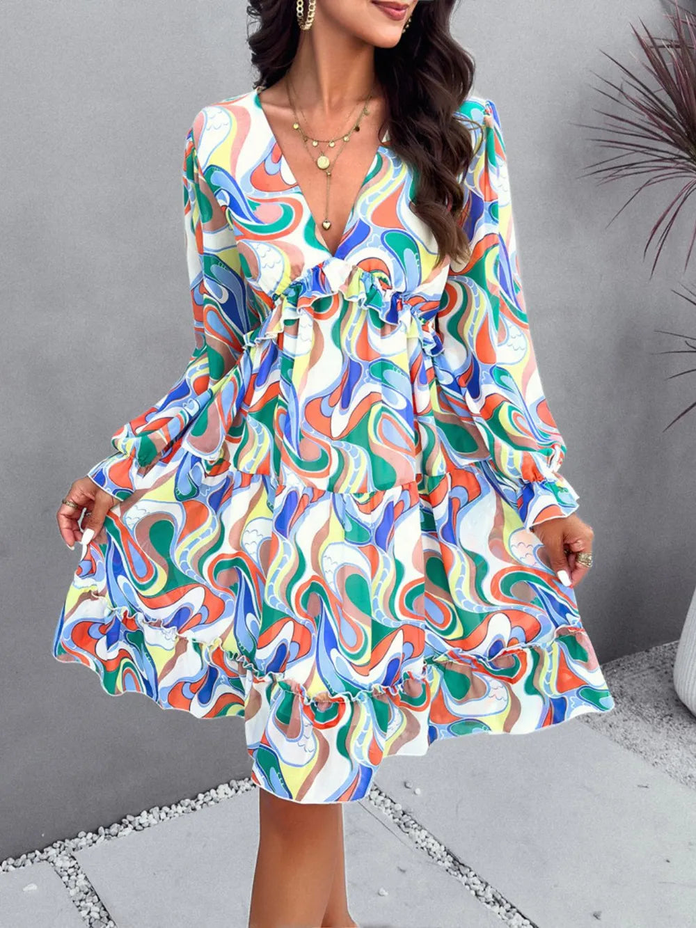 Devine Backless Printed V-Neck Flounce Sleeve Dress – view 4