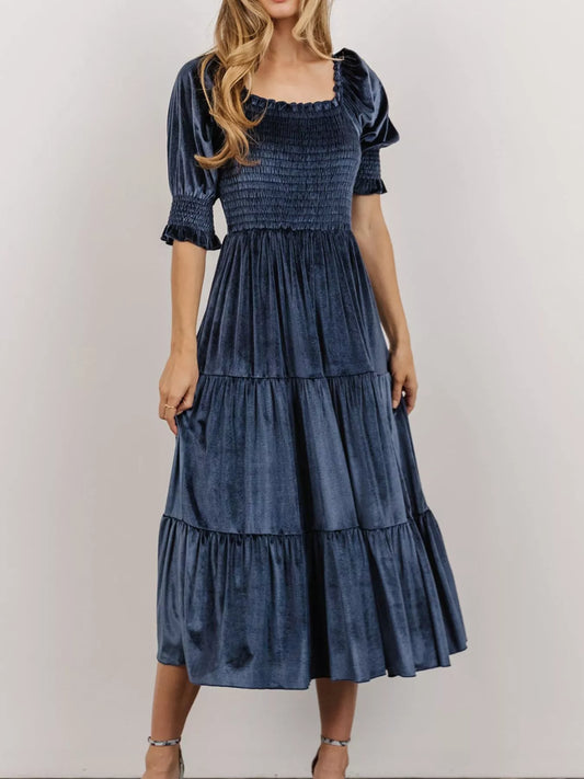 Velvet Smocked Tiered Midi Dress – Urban House Fashion