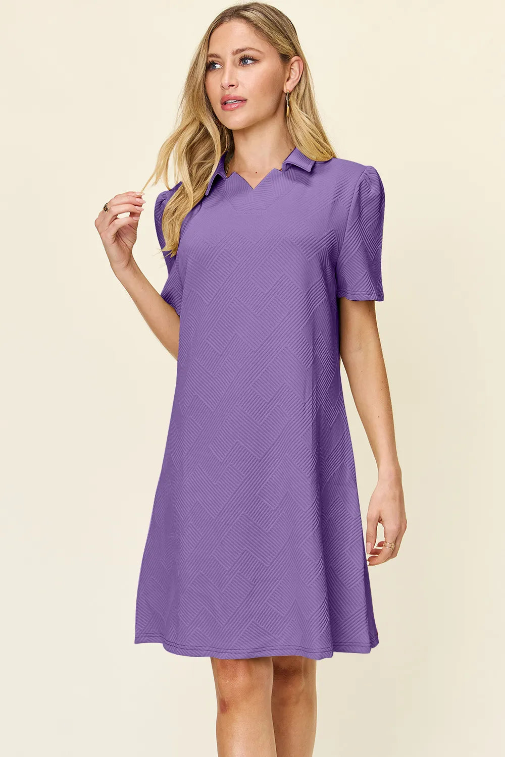 Double Take Texture Collared Neck Short Sleeve Dress – view 4