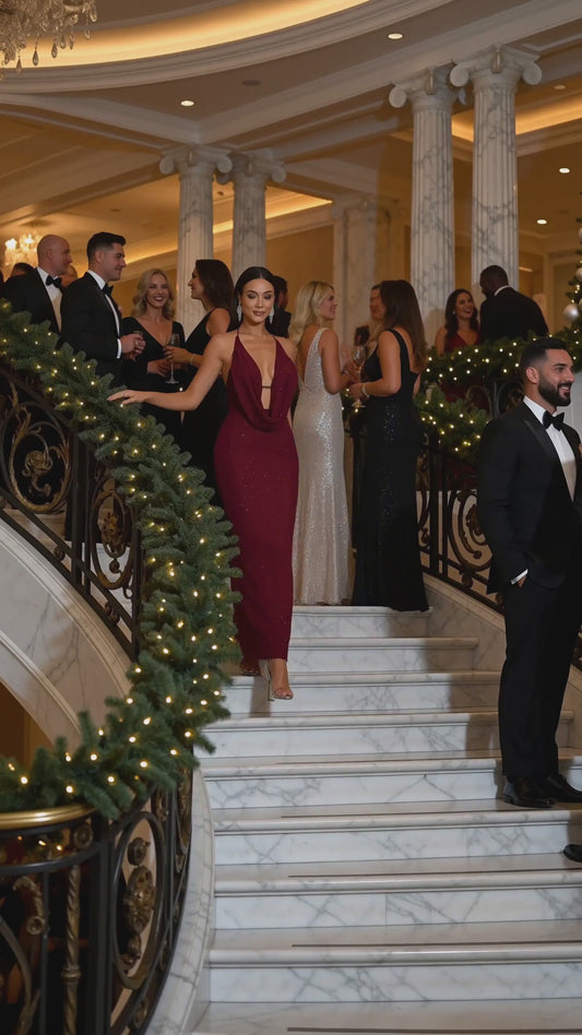 Wine halter neck glitter maxi dress on a holiday gala staircase