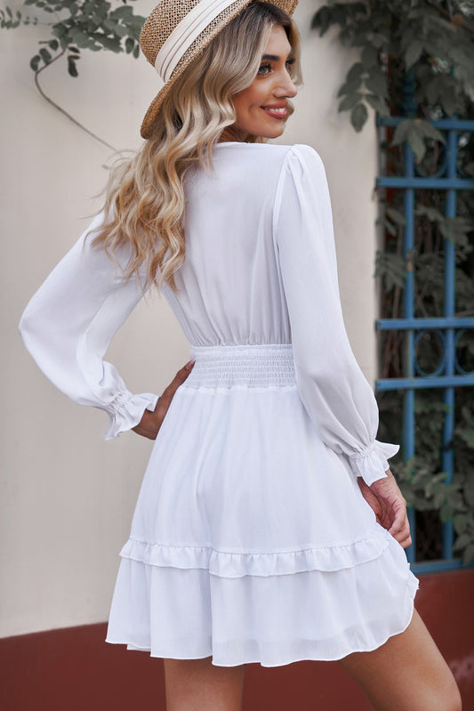 Tied Plunge Smocked Waist Flounce Sleeve Dress – view 2